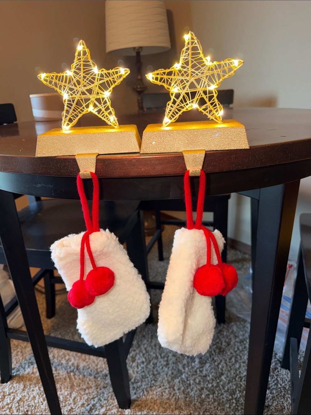 LED Star Stocking Holders with White Plush & Red Pom-Pom Mini Stockings